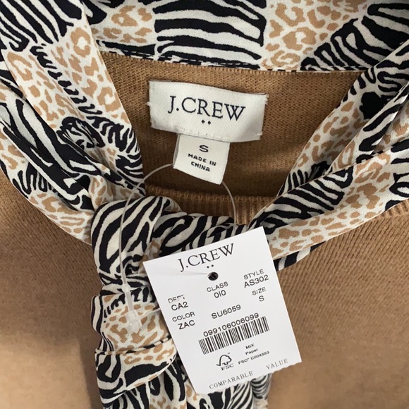 J CREW Brown Pullover Sweater with Zebra Print Scarf Attached Top Size S - Picture 5 of 7